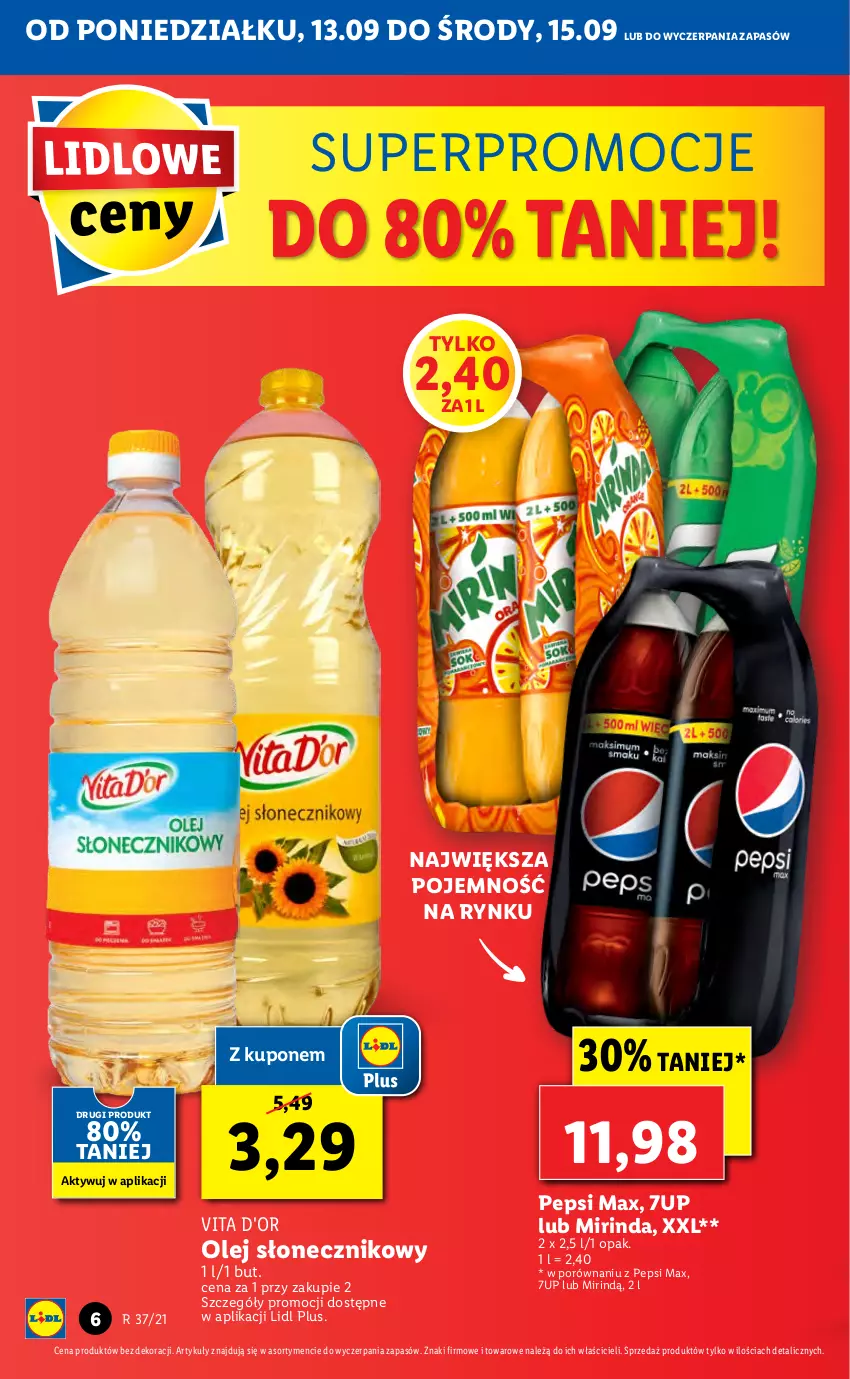 Gazetka promocyjna Lidl - GAZETKA - ważna 13.09 do 15.09.2021 - strona 6 - produkty: 7up, Mirinda, Olej, Olej słonecznikowy, Pepsi, Pepsi max, Por