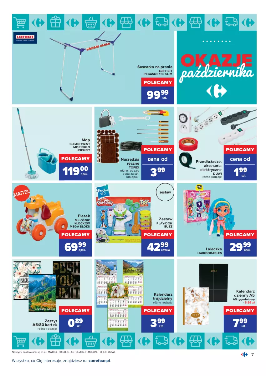 Gazetka promocyjna Carrefour - Gazetka Okazje października - ważna 01.10 do 30.10.2021 - strona 7 - produkty: Asus, Hasbro, Kalendarz, Mattel, Mega Bloks, Mop, Play-Doh, Suszarka, Suszarka na pranie, Top