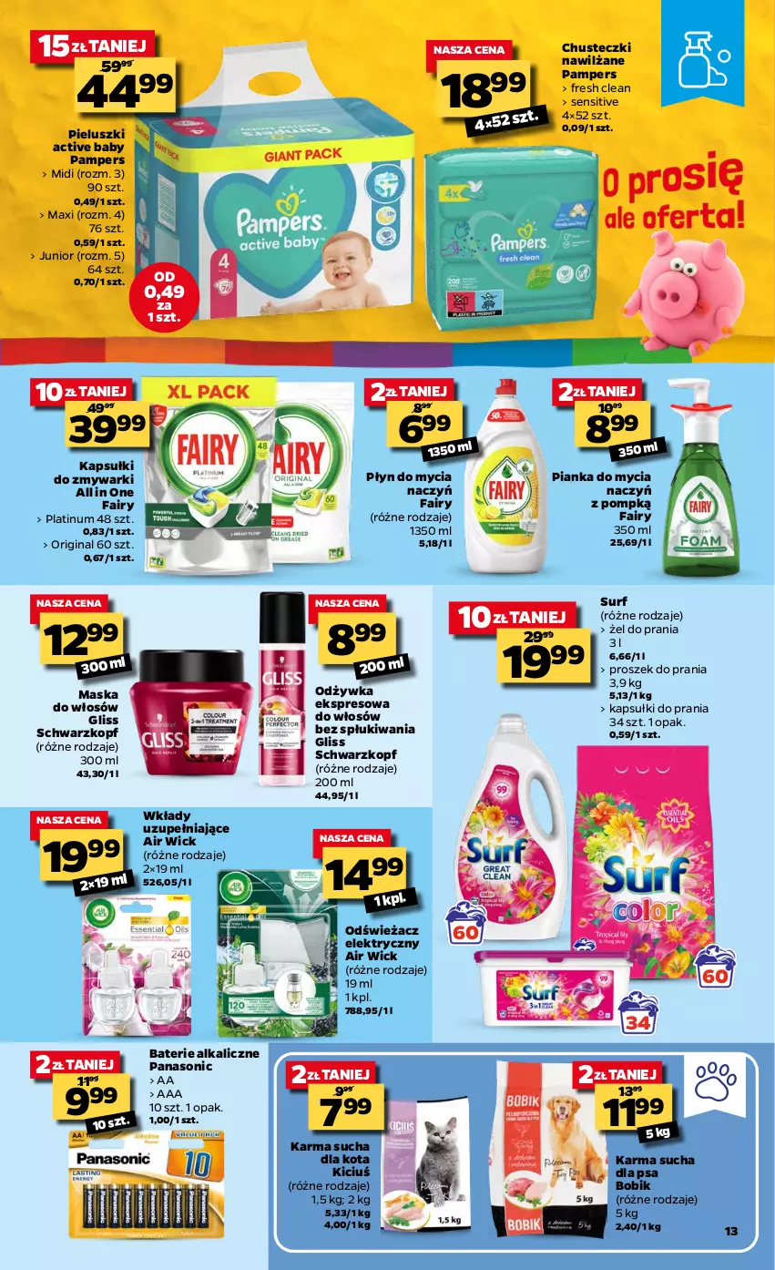 Gazetka promocyjna Netto - Oferta tygodnia - ważna 04.05 do 08.05.2021 - strona 13 - produkty: Air Wick, Baterie alkaliczne, Chusteczki, Do mycia naczyń, Fa, Fairy, Gin, Kapsułki do prania, Maska, Maska do włosów, Odżywka, Pampers, Panasonic, Płyn do mycia, Płyn do mycia naczyń, Proszek do prania, Schwarzkopf, Surf, Zmywarki