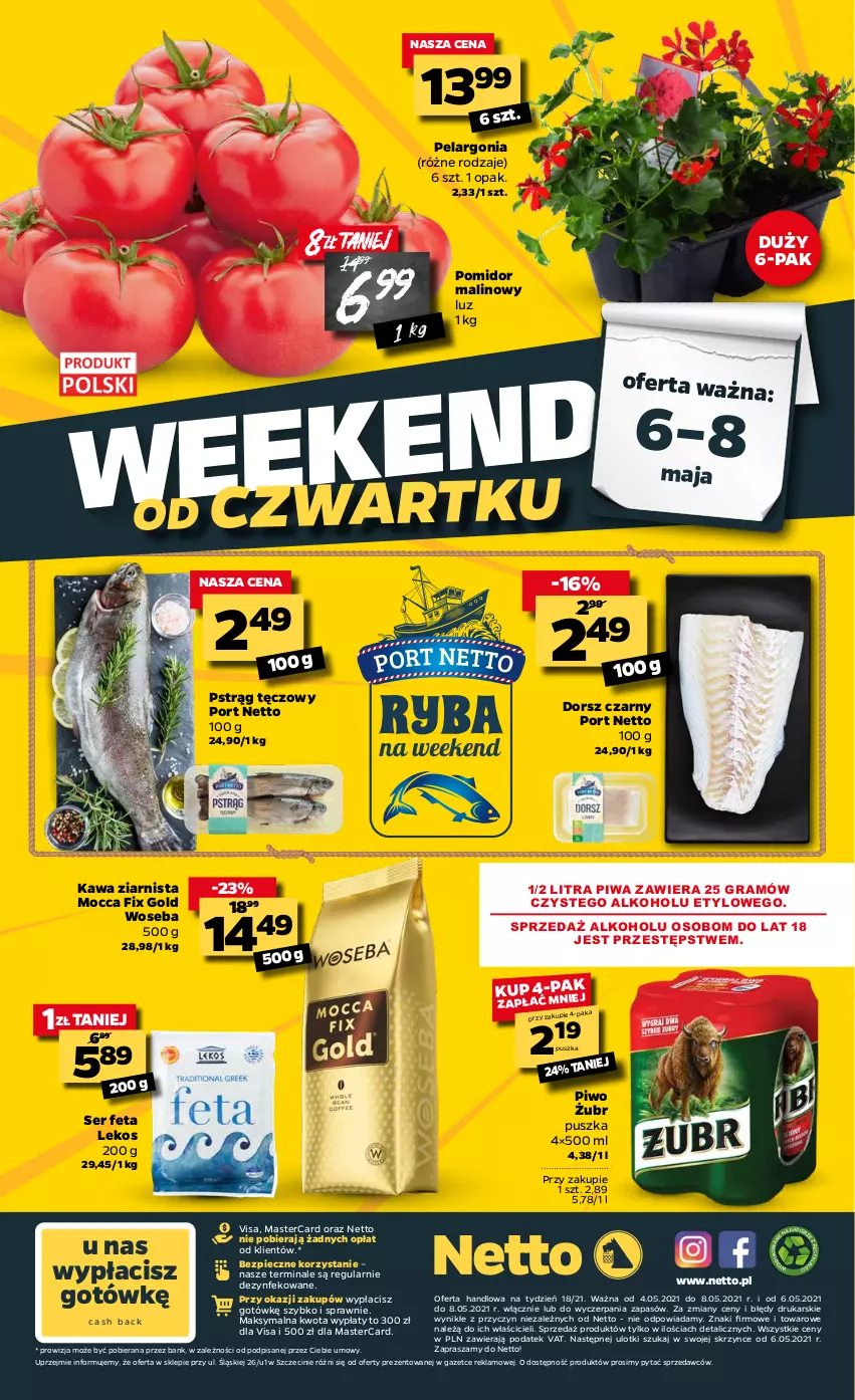 Gazetka promocyjna Netto - Oferta tygodnia - ważna 04.05 do 08.05.2021 - strona 16 - produkty: Dorsz, Feta, Gra, Kawa, Kawa ziarnista, Mocca Fix Gold, Papier, Piec, Piwa, Piwo, Pomidor malinowy, Por, Pstrąg, Pstrąg tęczowy, Ser, Woseba