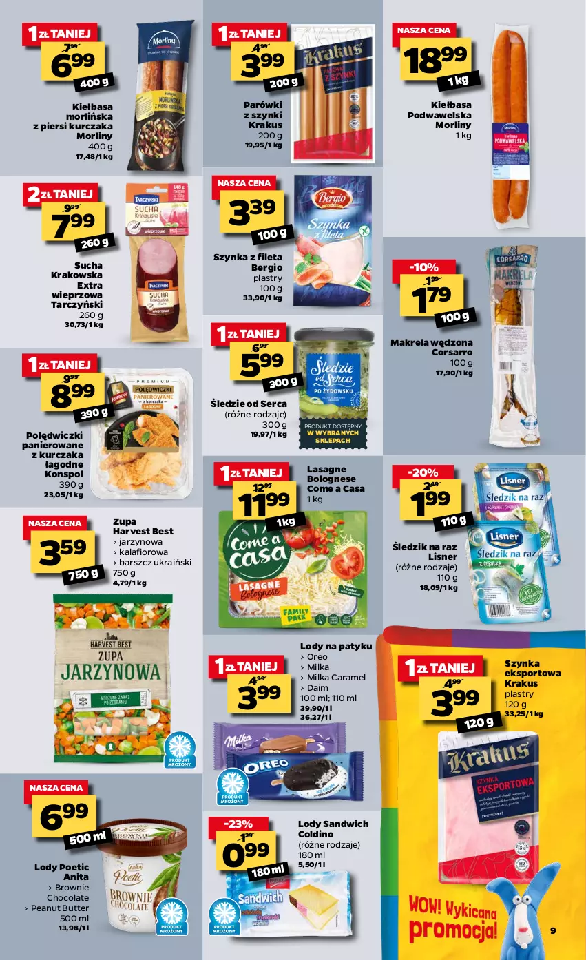 Gazetka promocyjna Netto - Oferta tygodnia - ważna 04.05 do 08.05.2021 - strona 9 - produkty: Brownie, Kalafior, Kiełbasa, Kiełbasa podwawelska, Krakus, Kurczak, Lasagne, Lasagne bolognese, Lisner, Lody, Milka, Morliny, Oreo, Parówki, Parówki z szynki, Polędwiczki panierowane, Por, Ser, Sport, Szynka, Tarczyński, Wawel, Zupa