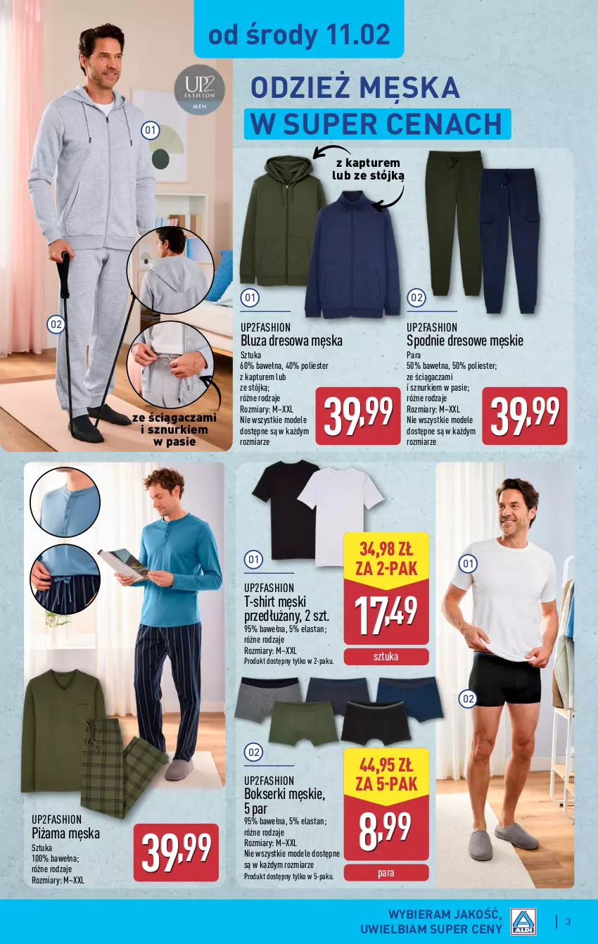 Gazetka promocyjna Aldi - Artykuły przemysłowe i tekstylia - ważna 11.02 do 14.02.2026 - strona 3 - produkty: Bluza, Bluza dresowa, Bokserki, Dres, Fa, Piżama, Ser, Spodnie, Spodnie dresowe, T-shirt, Wełna