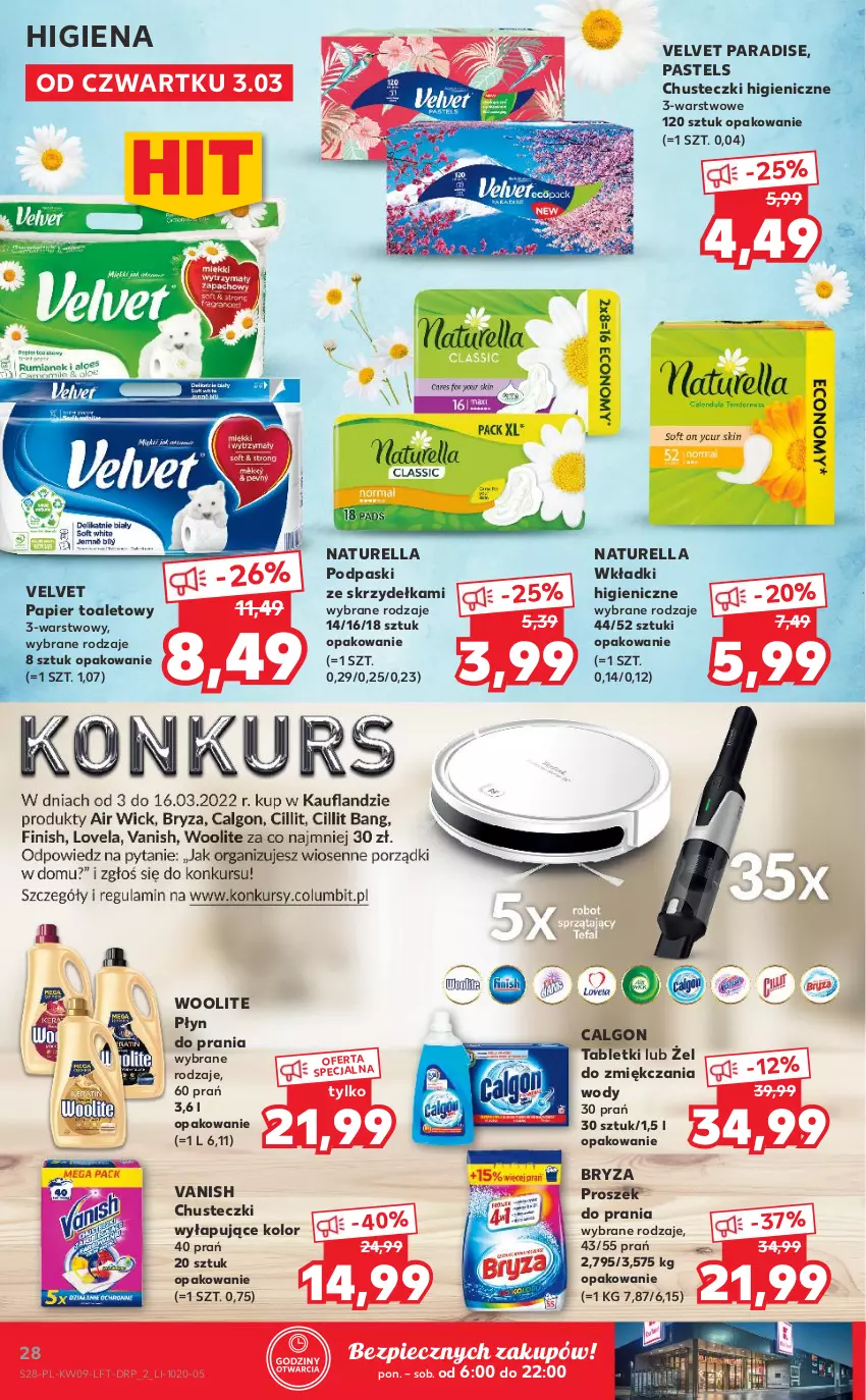 Gazetka promocyjna Kaufland - OFERTA TYGODNIA - ważna 03.03 do 09.03.2022 - strona 28 - produkty: Bryza, Calgon, Chusteczki, LG, Naturell, Naturella, Papier, Papier toaletowy, Piec, Płyn do prania, Podpaski, Podpaski ze skrzydełkami, Proszek do prania, Tablet, Vanish, Velvet, Wkładki, Woolite