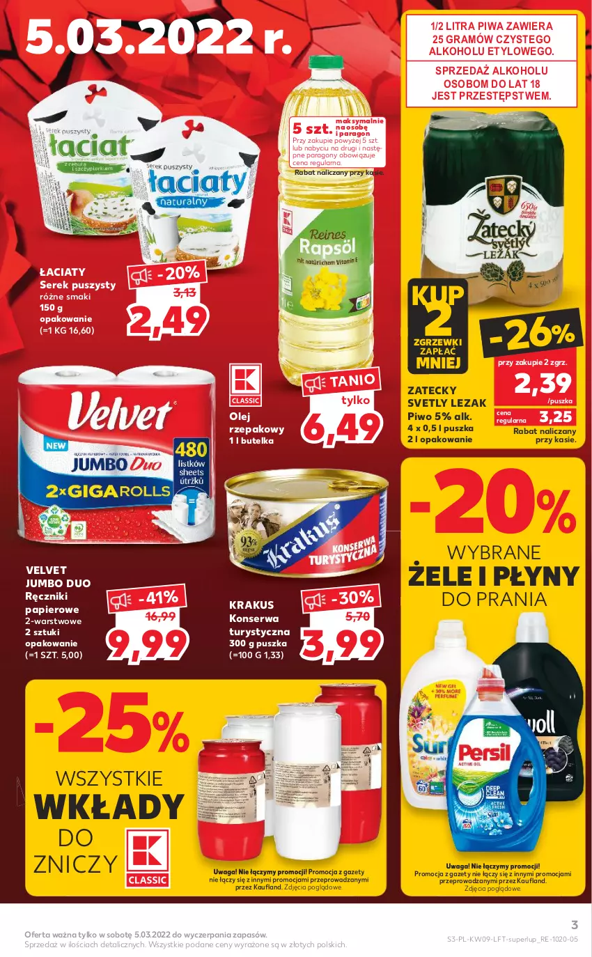 Gazetka promocyjna Kaufland - OFERTA TYGODNIA - ważna 03.03 do 09.03.2022 - strona 3 - produkty: Gra, Konserwa turystyczna, Krakus, Olej, Olej rzepakowy, Papier, Piwa, Piwo, Ręcznik, Ręczniki papierowe, Ser, Serek, Serek puszysty, Velvet, Waga, Znicz