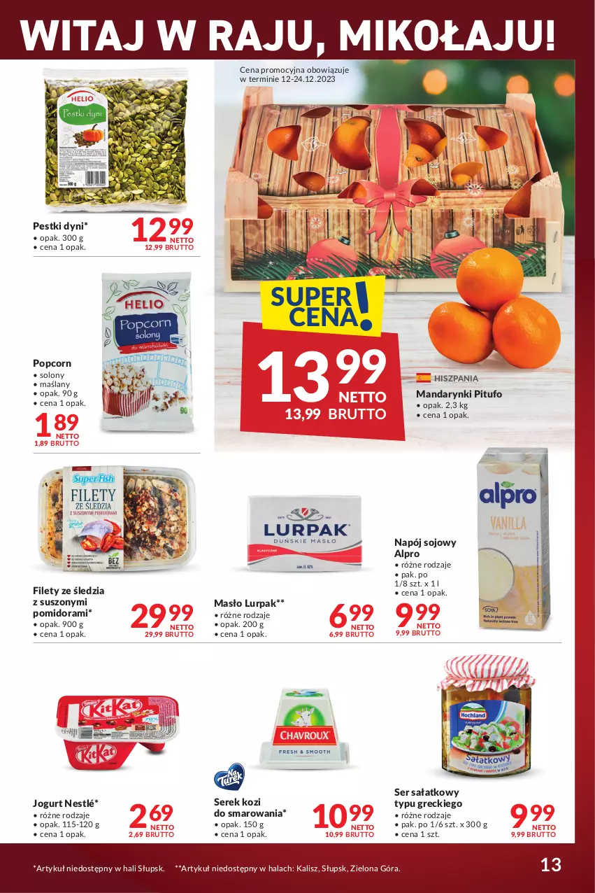 Gazetka promocyjna Makro - Najlepsze oferty - oferta z alkoholem - ważna 12.12.2023 do 08.01.2024 - strona 13 - produkty: Alpro, Jogurt, Lurpak, Mandarynki, Masło, Napój, Nestlé, Pestki dyni, Popcorn, Sałat, Ser, Serek