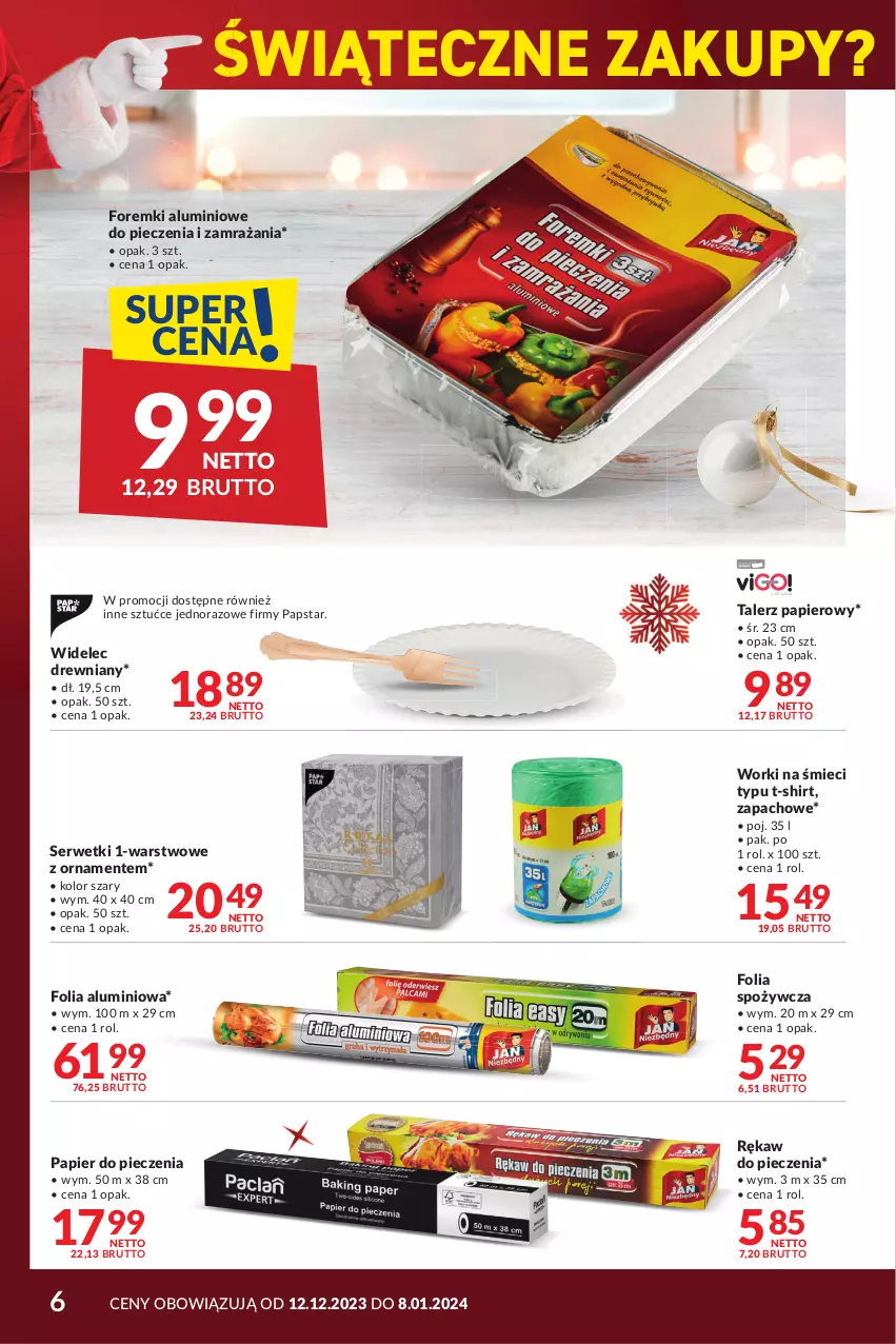 Gazetka promocyjna Makro - Najlepsze oferty - oferta z alkoholem - ważna 12.12.2023 do 08.01.2024 - strona 6 - produkty: Folia aluminiowa, Foremki, Papier, Papier do pieczenia, Piec, Rękaw do pieczenia, Ser, Serwetki, T-shirt, Talerz, Talerz papierowy, Widelec, Worki na śmiec, Worki na śmieci