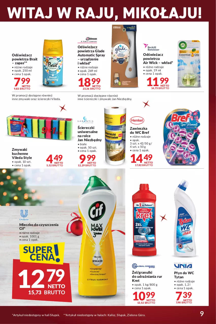 Gazetka promocyjna Makro - Najlepsze oferty - oferta z alkoholem - ważna 12.12.2023 do 08.01.2024 - strona 9 - produkty: Air Wick, Bref, Cif, Gra, Jan Niezbędny, Kret, Mleczko, Odświeżacz powietrza, Płyn do wc, Tytan, Vileda, Zawieszka do wc, Zmywaki kuchenne