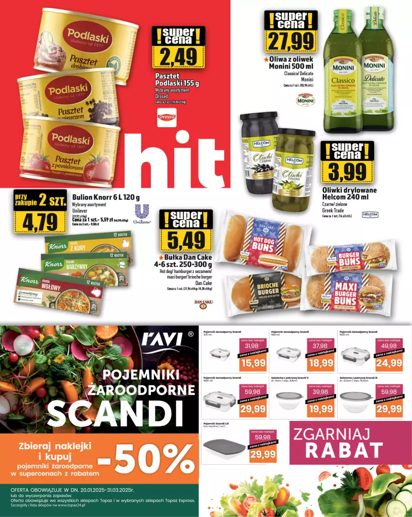 Gazetka promocyjna Topaz - Gazetka - ważna 23.01 do 29.01.2025 - strona 10 - produkty: Bulion, Bułka, Burger, Dan Cake, Hamburger, HELCOM, Hot dog, Klej, Knorr, Lion, Monini, Oliwa z oliwek, Oliwki, Orka, Pasztet, Podlaski, Pojemnik, Por, Sezam, Top