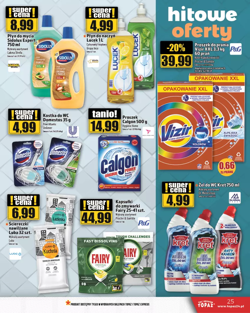 Gazetka promocyjna Topaz - Gazetka - ważna 23.01 do 29.01.2025 - strona 25 - produkty: Calgon, Domestos, Fa, Fairy, Kret, LG, Mięta, Płyn do mycia, Proszek do prania, Sidolux, Top, Vizir, Zmywarki