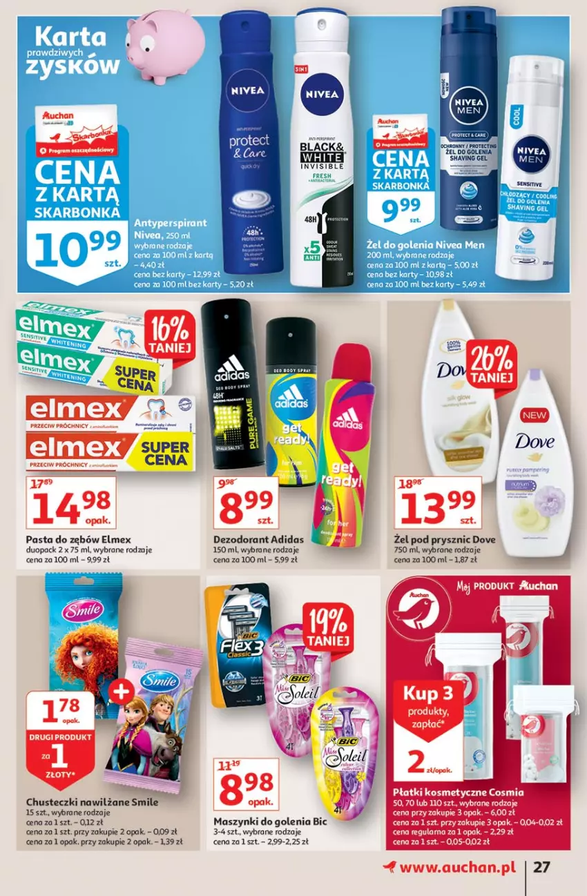 Gazetka promocyjna Auchan - Hiper Kibicowanie Hipermarkety - ważna 10.06 do 16.06.2021 - strona 27 - produkty: Adidas, BIC, Body, Chusteczki, Dezodorant, Dove, Elmex, Lack, Pasta do zębów, Płatki kosmetyczne