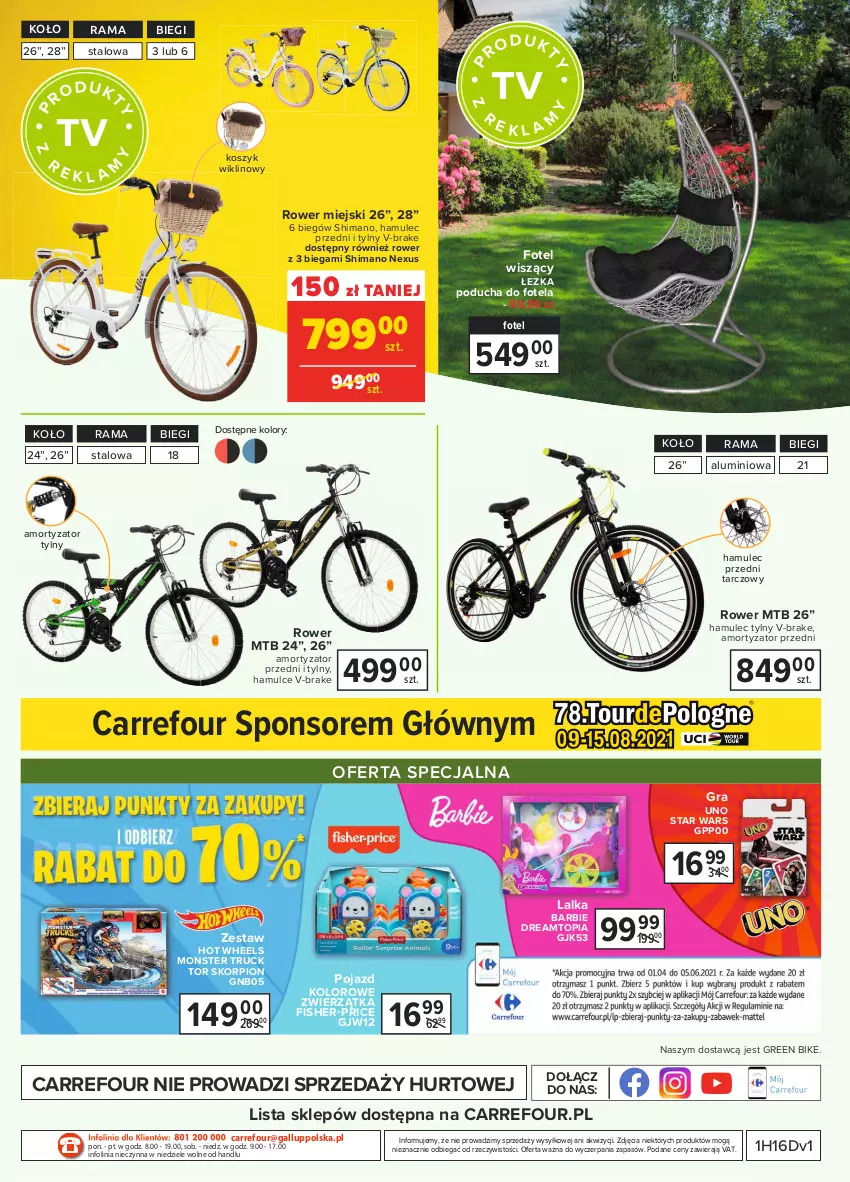 Gazetka promocyjna Carrefour - Gazetka Ogród, tras i balkon - ważna 19.04 do 08.05.2021 - strona 12 - produkty: Barbie, Fisher-Price, Fotel, Gra, Hot Wheels, Kosz, Lalka, Monster truck, Mule, O nas, Poducha, Pojazd, Rama, Rower, Star Wars, Top