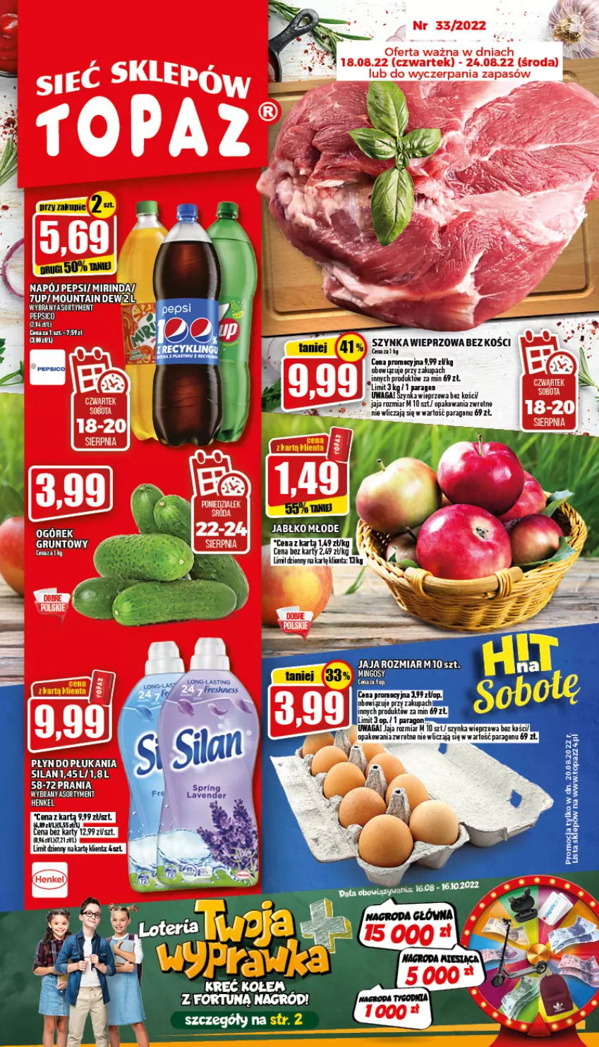 Gazetka promocyjna Topaz - Gazetka - ważna 18.08 do 24.08.2022 - strona 1 - produkty: Jaja, Ogórek, Szynka, Szynka wieprzowa, Top, Waga