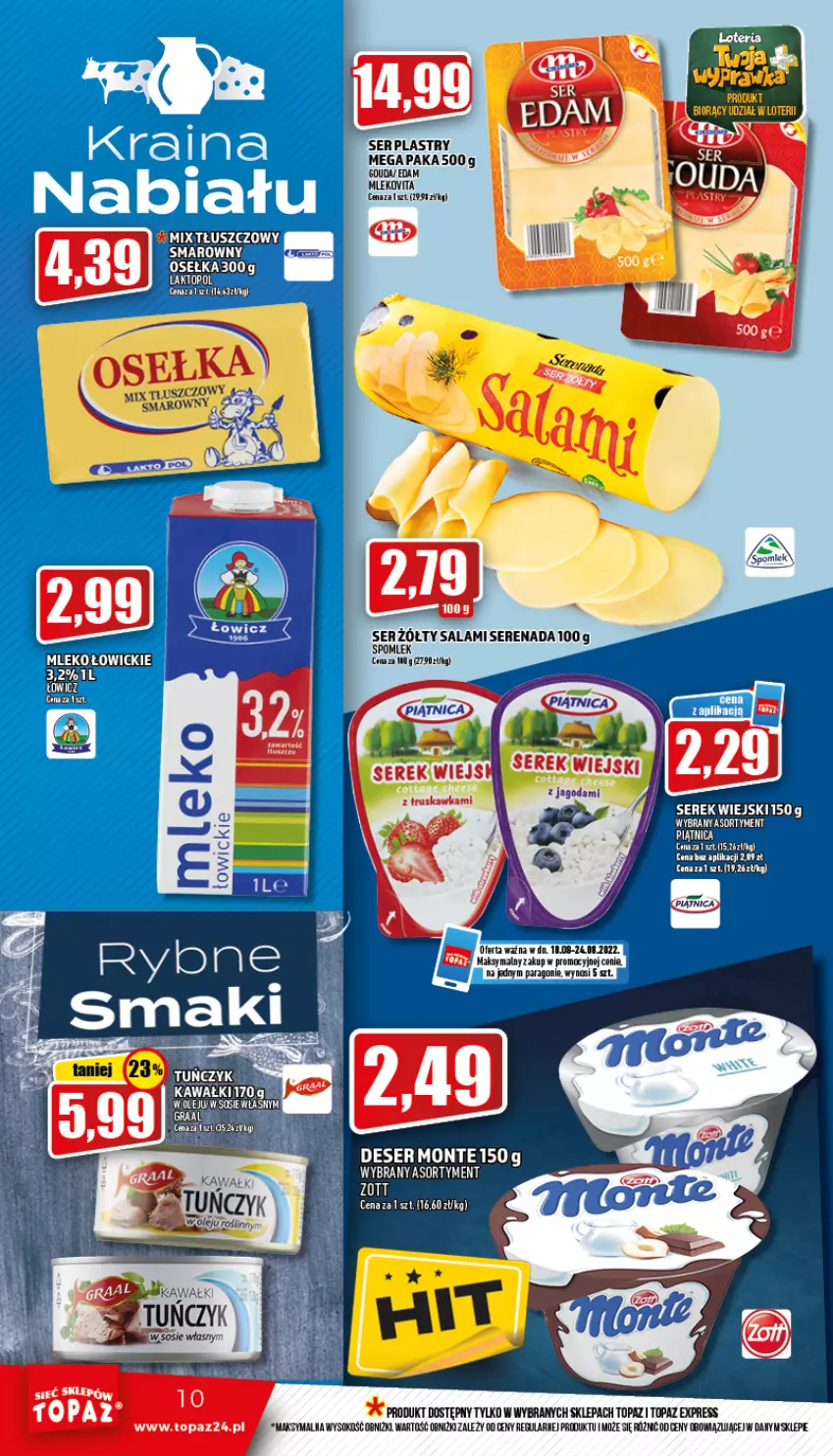 Gazetka promocyjna Topaz - Gazetka - ważna 18.08 do 24.08.2022 - strona 10 - produkty: Deser, Mleko, Mlekovita, Monte, Salami, Ser, Sok, Top, Vita C