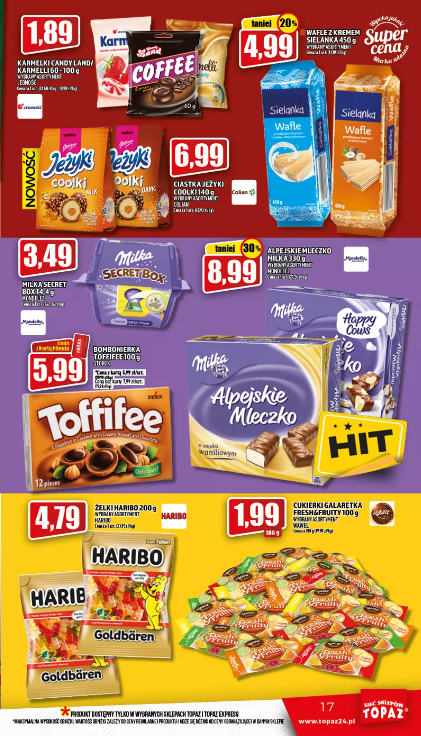 Gazetka promocyjna Topaz - Gazetka - ważna 18.08 do 24.08.2022 - strona 17 - produkty: Candy, Ciastka, Cukier, Cukierki, Gala, Galaretka, Haribo, Jeżyki, Milka, Mleczko, Sok, Top