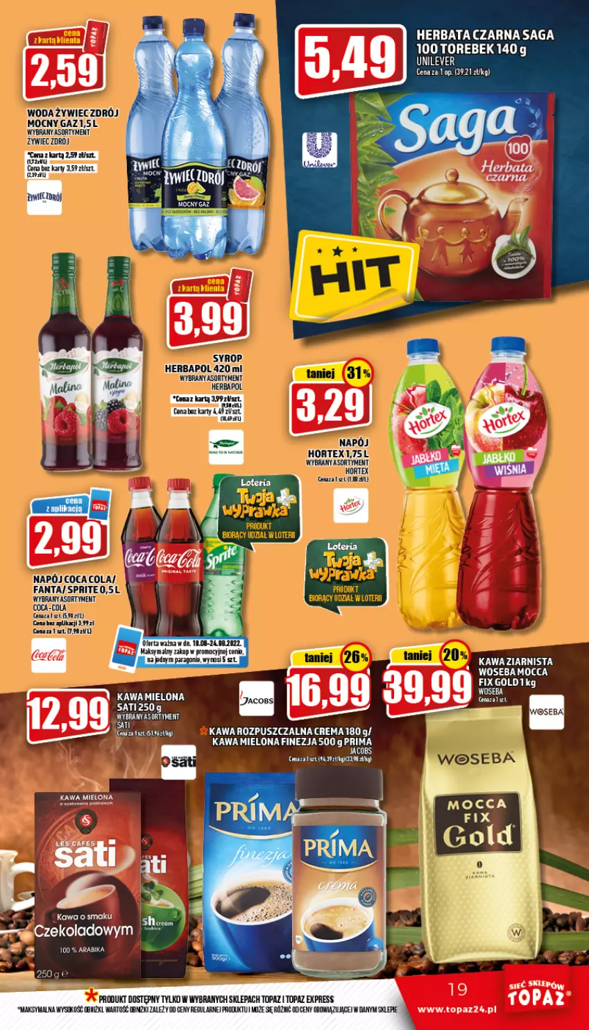 Gazetka promocyjna Topaz - Gazetka - ważna 18.08 do 24.08.2022 - strona 19 - produkty: Herbapol, Herbata, Herbata czarna, Jacobs, Kawa, Kawa mielona, Kawa rozpuszczalna, Prima, Saga, Sati, Sok, Top, Woseba