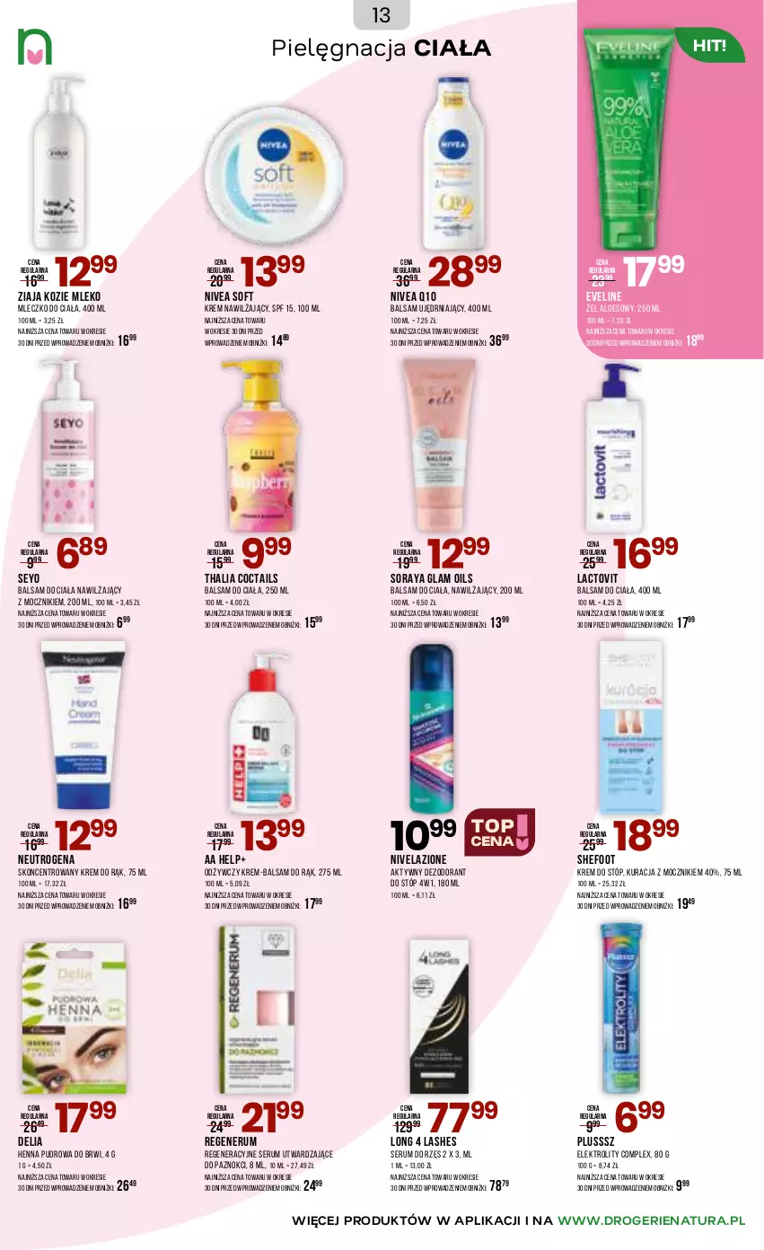 Gazetka promocyjna Drogerie Natura - Gazetka Drogerie Natura - ważna 03.06 do 16.06.2026 - strona 13 - produkty: Balsam do ciała, Dezodorant, Eveline, Krem do rąk, Krem do stóp, Krem nawilżający, Long 4 Lashes, Mleczko, Mleczko do ciała, Mleko, Neutrogena, Nivea, Nivea Q10, Nivelazione, Rum, Ser, Serum, Ziaja