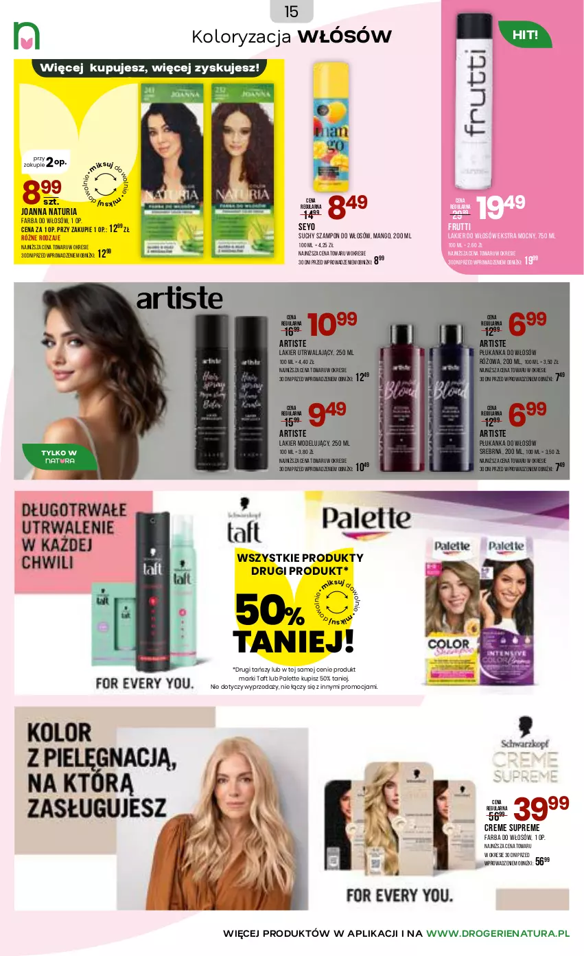 Gazetka promocyjna Drogerie Natura - Gazetka Drogerie Natura - ważna 03.06 do 16.06.2026 - strona 15 - produkty: Fa, Farba do włosów, Joanna, Lakier, Lakier do włosów, Mango, Palette, Suchy szampon, Szampon, Taft