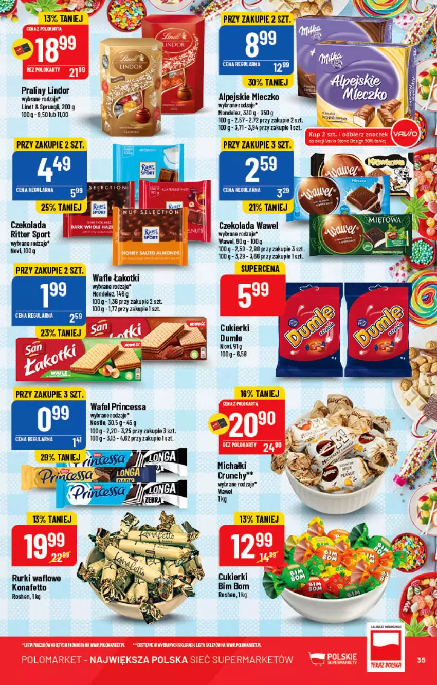 Gazetka promocyjna PoloMarket - Gazetka pomocyjna - ważna 20.04 do 26.04.2022 - strona 35 - produkty: Cukier, Cukierki, Czekolada, Lindor, Lindt, Michałki, Mleczko, Por, Praliny, Princessa, Ritter Sport, Rurki, Sport, Wafle, Wawel