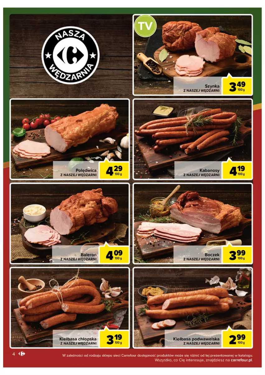 Gazetka promocyjna Carrefour - Gazetka Carrefour - ważna 06.12 do 11.12.2022 - strona 4 - produkty: Boczek, Kabanos, Kiełbasa, Kiełbasa podwawelska, Polędwica, Szynka, Wawel