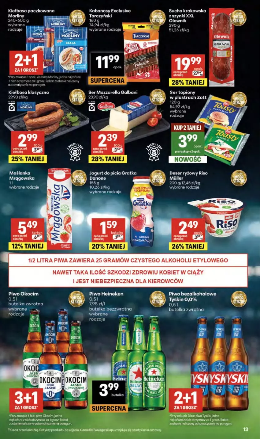 Gazetka promocyjna Delikatesy Centrum - Franczyza DC25 Czwartek - ważna 18.06 do 24.06.2026 - strona 13 - produkty: Deser, Fa, Galbani, Gin, Heineken, Kiełbasa, Koc, LG, Morliny, Mozzarella, Okocim, Olewnik, Piec, Piwa, Piwo, Por, Ryż, Ser, Tarczyński, Tyskie, Zott