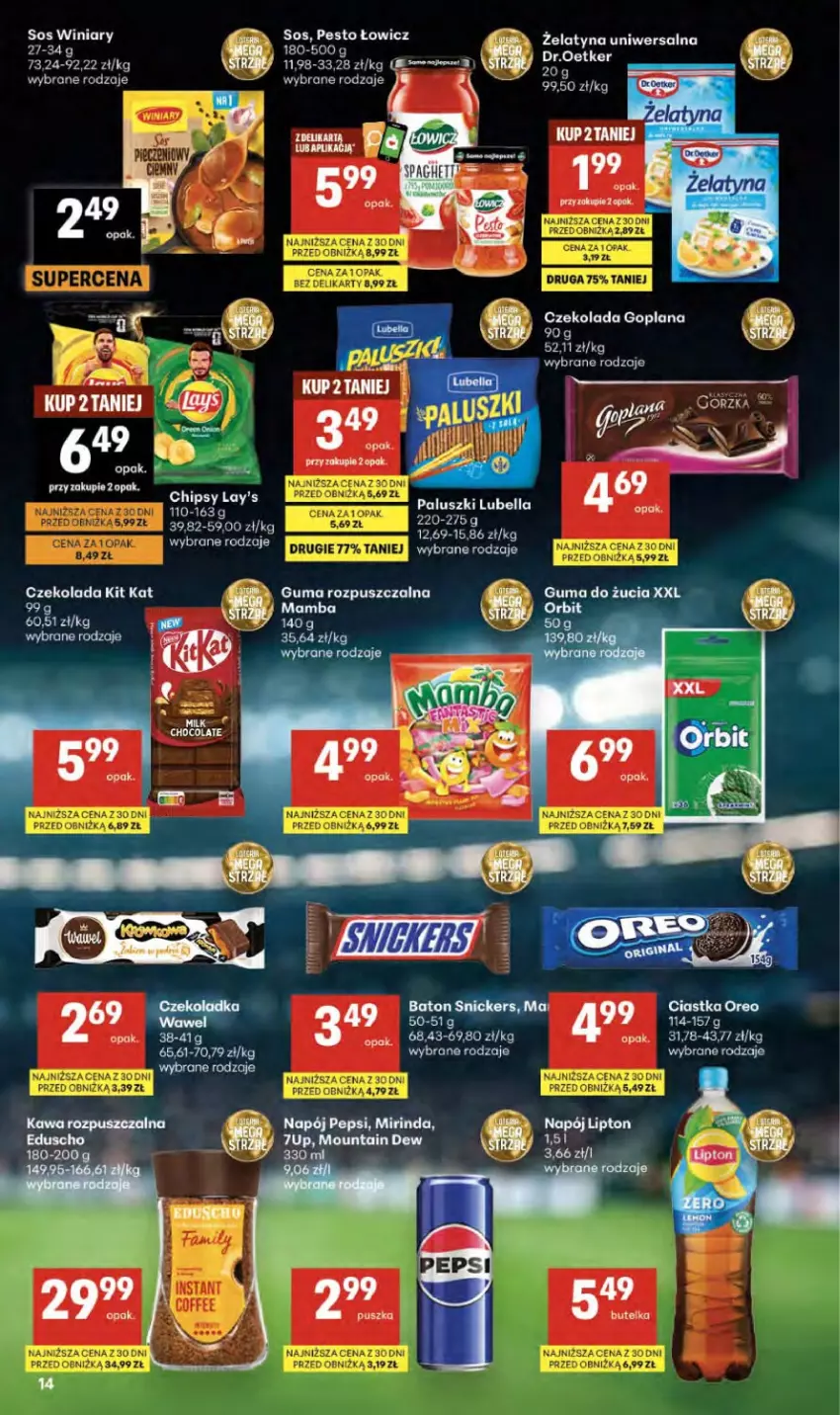 Gazetka promocyjna Delikatesy Centrum - Franczyza DC25 Czwartek - ważna 18.06 do 24.06.2026 - strona 14 - produkty: Baton, Bell, Bella, Chipsy, Ciastka, Czekolada, Fa, Goplana, Guma rozpuszczalna, Kit Kat, LANA, Lubella, Mirinda, Napój, Oreo, Pepsi, Pesto, Snickers, Sos, Winiary
