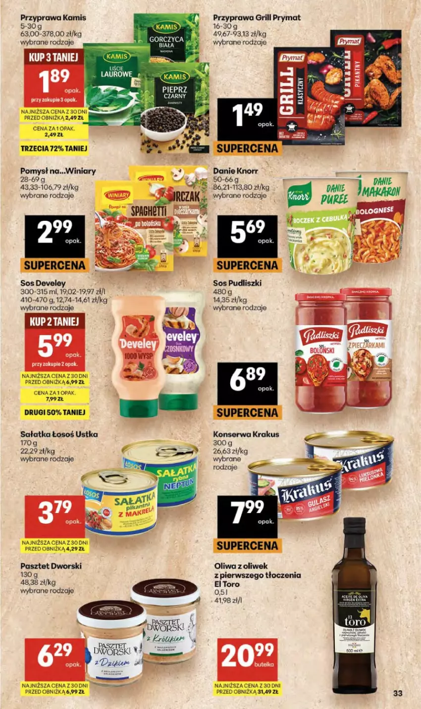 Gazetka promocyjna Delikatesy Centrum - Franczyza DC25 Czwartek - ważna 18.06 do 24.06.2026 - strona 33 - produkty: Grill, Kamis, Knorr, Krakus, Laur, Oliwa z oliwek, Pasztet, Prymat, Pudliszki, Sałat, Sałatka, Ser, Sos, Winiary