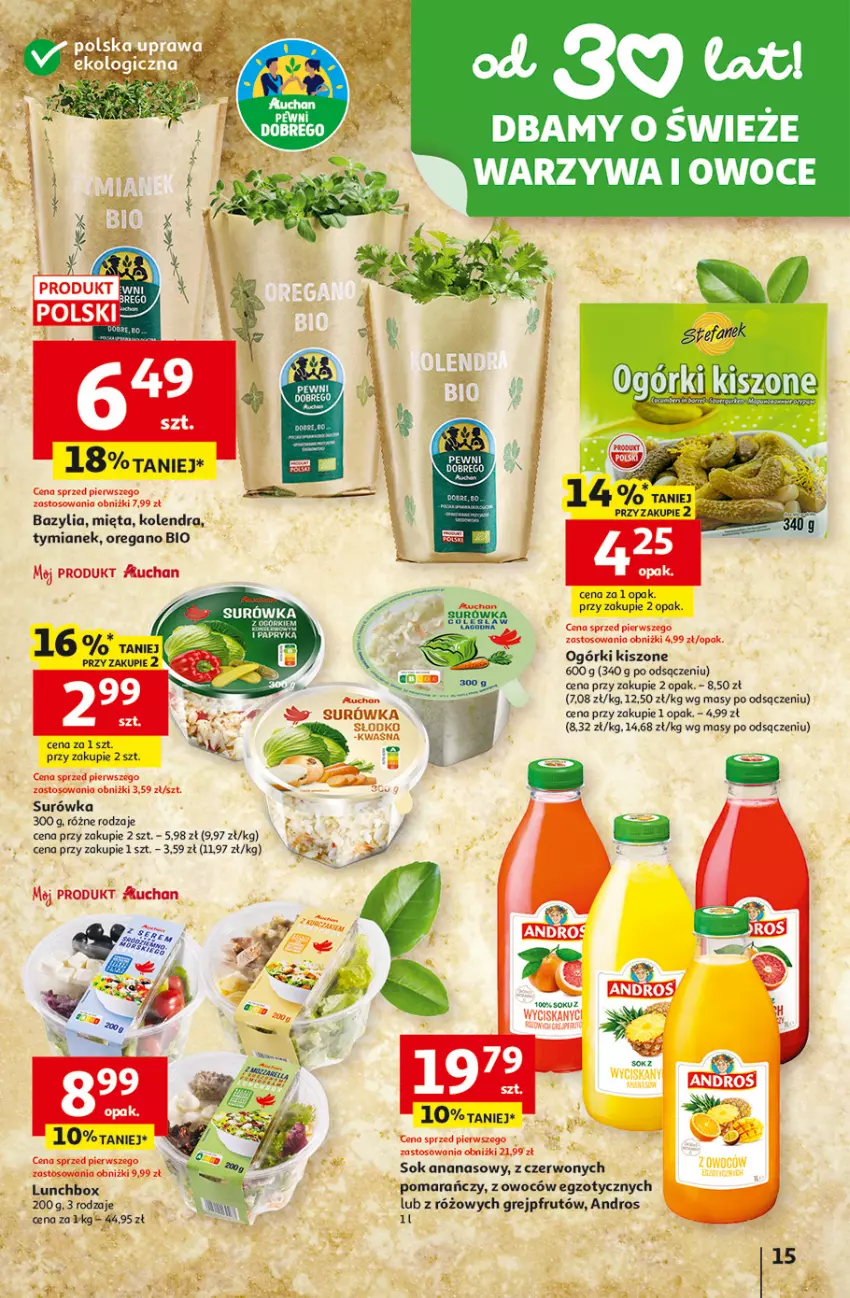 Gazetka promocyjna Auchan - Gazetka 30 Lat Hipermarket Auchan - ważna 26.02 do 04.03.2026 - strona 15 - produkty: Ananas, Bazyl, Bazylia, Grejpfrut, Kolendra, Mięta, Owoce, Sok, Surówka, Warzywa, Warzywa i owoce