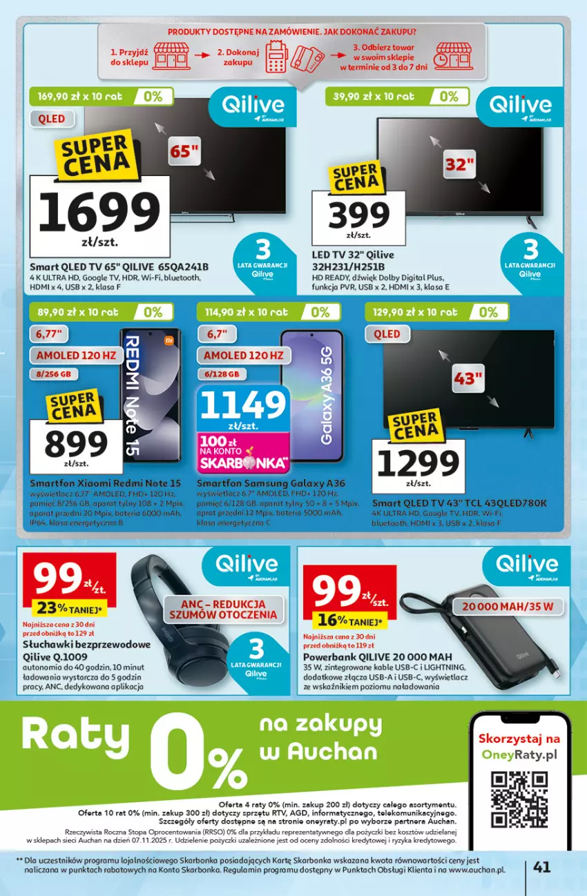 Gazetka promocyjna Auchan - Gazetka 30 Lat Hipermarket Auchan - ważna 26.02 do 04.03.2026 - strona 41 - produkty: Amol, Bateria, Gala, Gra, HD ready, Kosz, LED TV, Por, Powerbank, Redmi Note, Samsung, Słuchawki, Słuchawki bezprzewodowe, Smartfon, Top