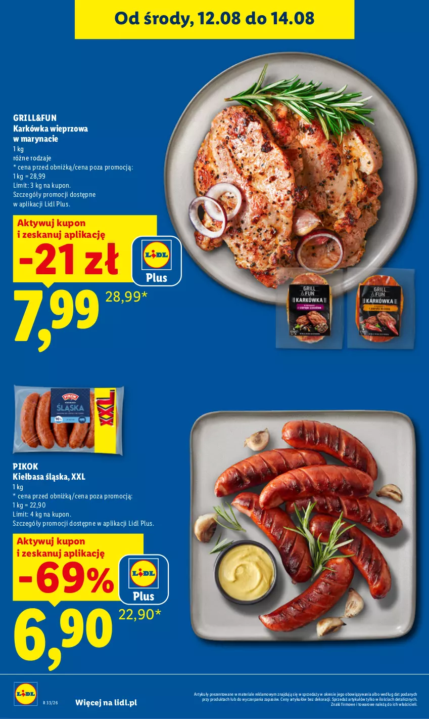 Gazetka promocyjna Lidl - Gazetka ważna od 12.08 do 14.08 - ważna 12.08 do 14.08.2026 - strona 14 - produkty: Grill, Karkówka wieprzowa, Kiełbasa, Kiełbasa śląska, PIKOK