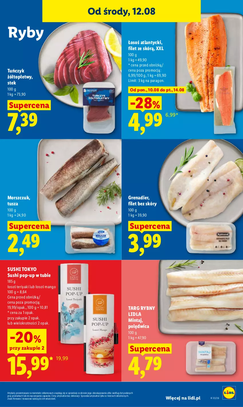 Gazetka promocyjna Lidl - Gazetka ważna od 12.08 do 14.08 - ważna 12.08 do 14.08.2026 - strona 63 - produkty: Grenadier, Mango, Mintaj, Polędwica, Stek, Sushi, Top, Tuńczyk, Tusz