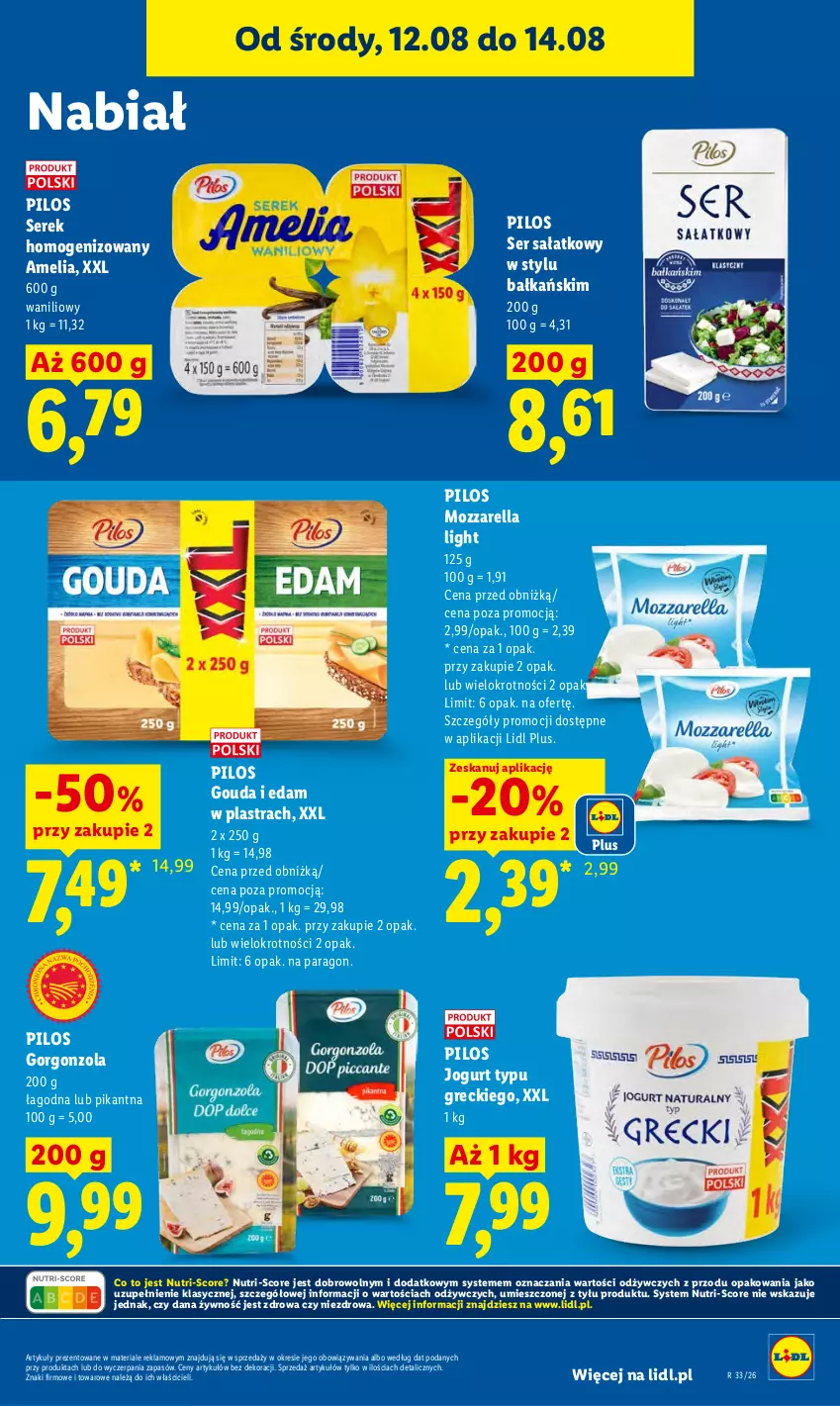Gazetka promocyjna Lidl - Gazetka ważna od 12.08 do 14.08 - ważna 12.08 do 14.08.2026 - strona 65 - produkty: Edam, Gorgonzola, Gouda, Jogurt, Mozzarella, Pilos, Sałat, Ser, Serek, Serek homogenizowany