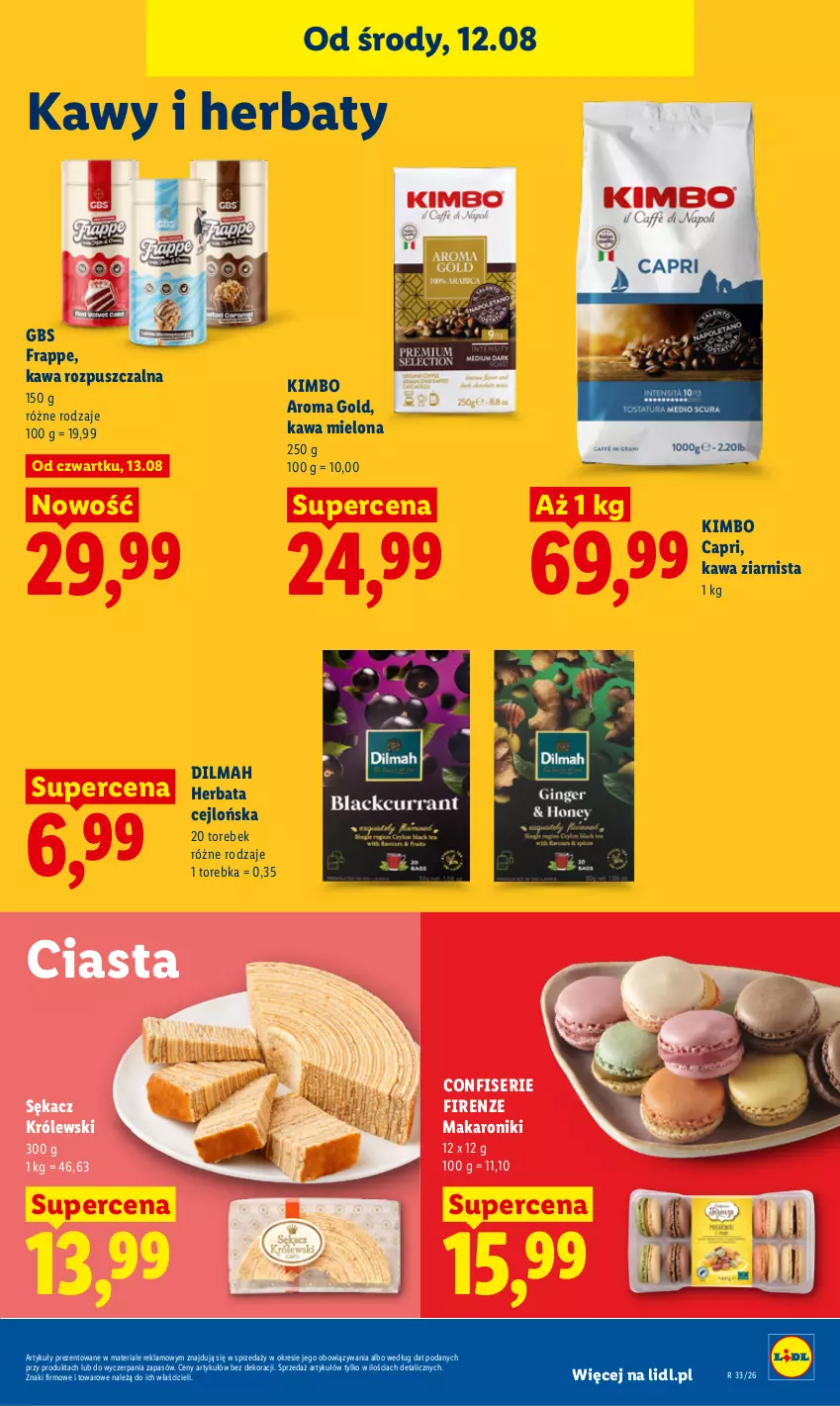 Gazetka promocyjna Lidl - Gazetka ważna od 12.08 do 14.08 - ważna 12.08 do 14.08.2026 - strona 75 - produkty: Dilmah, Herbata, Kawa, Kawa mielona, Kawa rozpuszczalna, Kawa ziarnista, Królewski, Makaron, Sękacz, Ser, Torebka