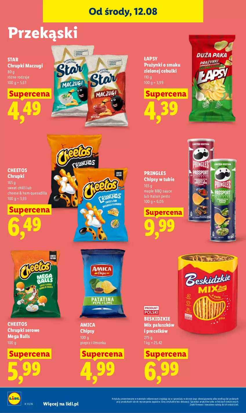 Gazetka promocyjna Lidl - Gazetka ważna od 12.08 do 14.08 - ważna 12.08 do 14.08.2026 - strona 80 - produkty: Amica, Beskidzki, Cheetos, Chipsy, Chrupki, Limonka, Pesto, Pieprz, Pringles, Ser