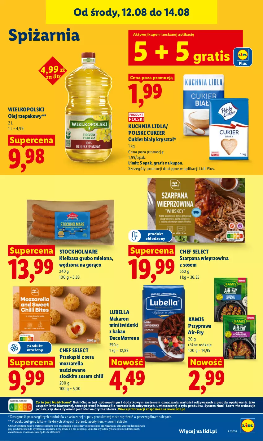 Gazetka promocyjna Lidl - Gazetka ważna od 12.08 do 14.08 - ważna 12.08 do 14.08.2026 - strona 85 - produkty: Bell, Bella, Cukier, Gra, Kakao, Kamis, Kiełbasa, Kuchnia, Lubella, Makaron, Mozzarella, Olej, Olej rzepakowy, Olma, Ser, Sos, Stock, Wieprzowina