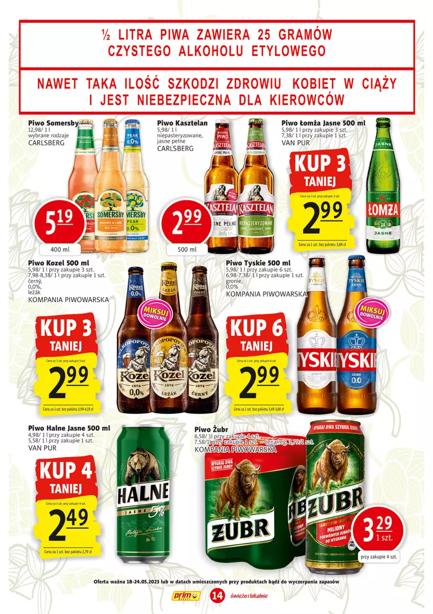 Gazetka promocyjna Prim Market - ważna 18.05 do 24.05.2023 - strona 14 - produkty: Carlsberg, Kasztelan, Kozel, Piwo, Pur, Somersby, Tyskie