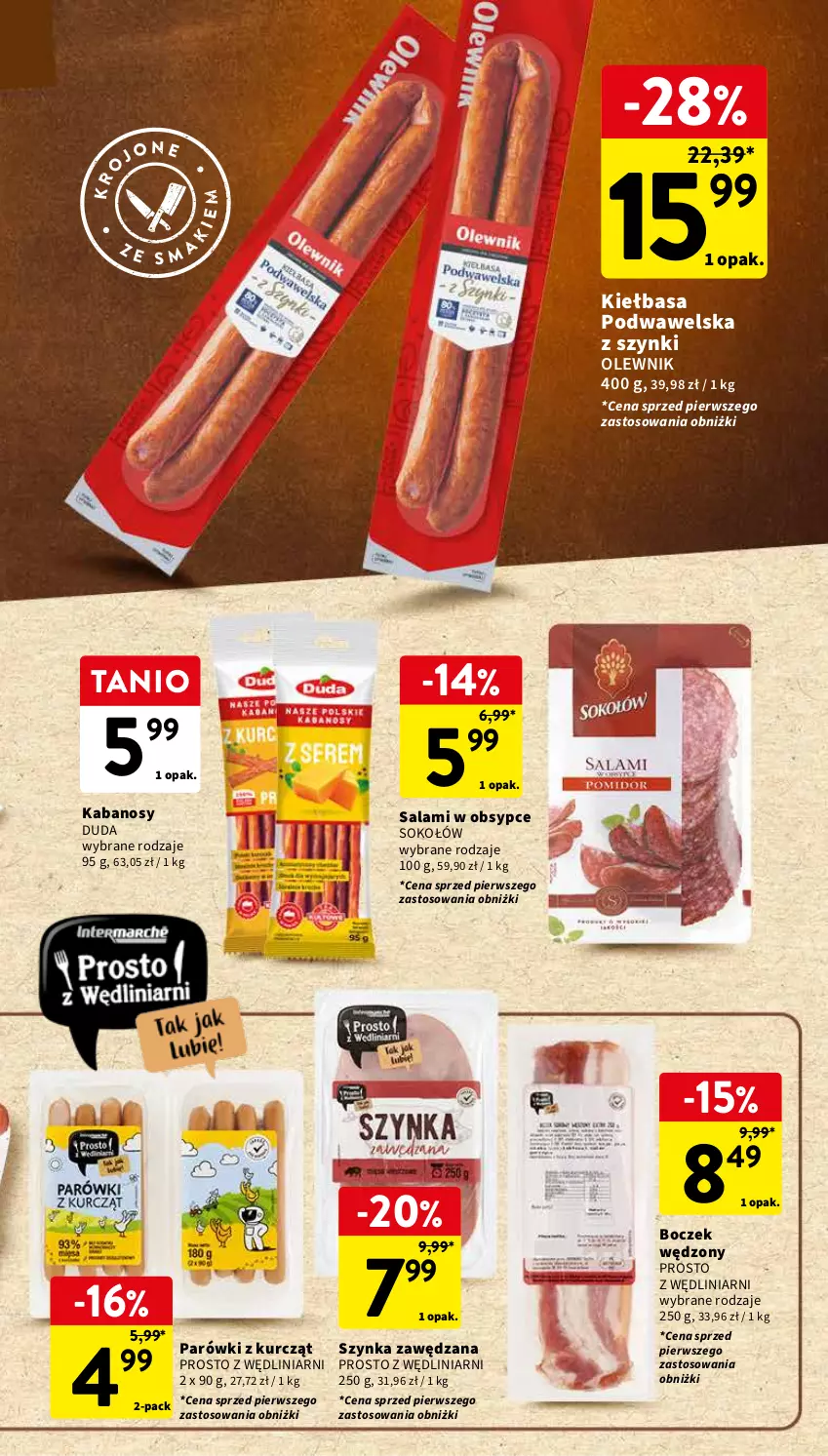 Gazetka promocyjna Intermarche - Gazetka Intermarche - ważna 28.02 do 06.03.2024 - strona 21 - produkty: Boczek, Duda, Kabanos, Kiełbasa, Kiełbasa podwawelska, Olewnik, Parówki, Salami, Sok, Sokołów, Szynka, Wawel