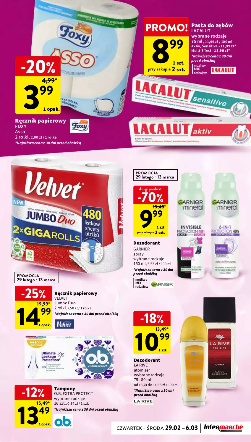 Gazetka promocyjna Intermarche - Gazetka Intermarche - ważna 28.02 do 06.03.2024 - strona 37 - produkty: Dezodorant, Foxy, Garnier, La Rive, Lacalut, O.B., Papier, Ręcznik, Rolki, Tampony, Velvet