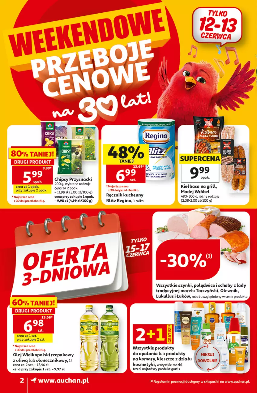 Gazetka promocyjna Auchan - Gazetka 30 Lat Supermarket Auchan - ważna 11.06 do 17.06.2026 - strona 2 - produkty: Chipsy, Gin, Gra, Grill, Kiełbasa, Madej Wróbel, Olej, Olewnik, Przysnacki, Ręcznik, Ręcznik kuchenny, Tarczyński