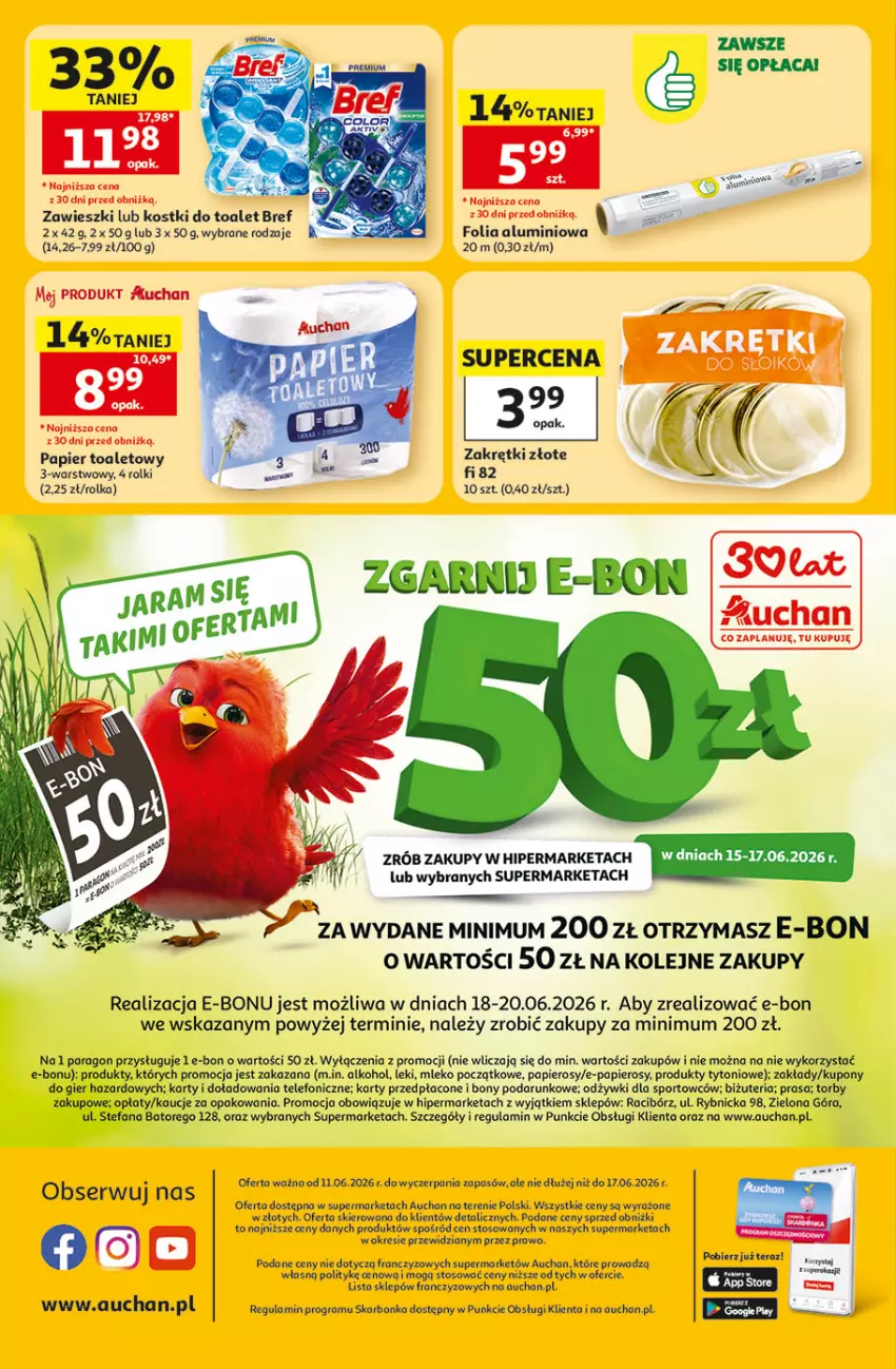 Gazetka promocyjna Auchan - Gazetka 30 Lat Supermarket Auchan - ważna 11.06 do 17.06.2026 - strona 8 - produkty: Bref, Fa, Folia aluminiowa, Gra, Mleko, Olej, Papier, Papier toaletowy, Por, Rolki, Ser, Sport, Telefon, Zawieszki