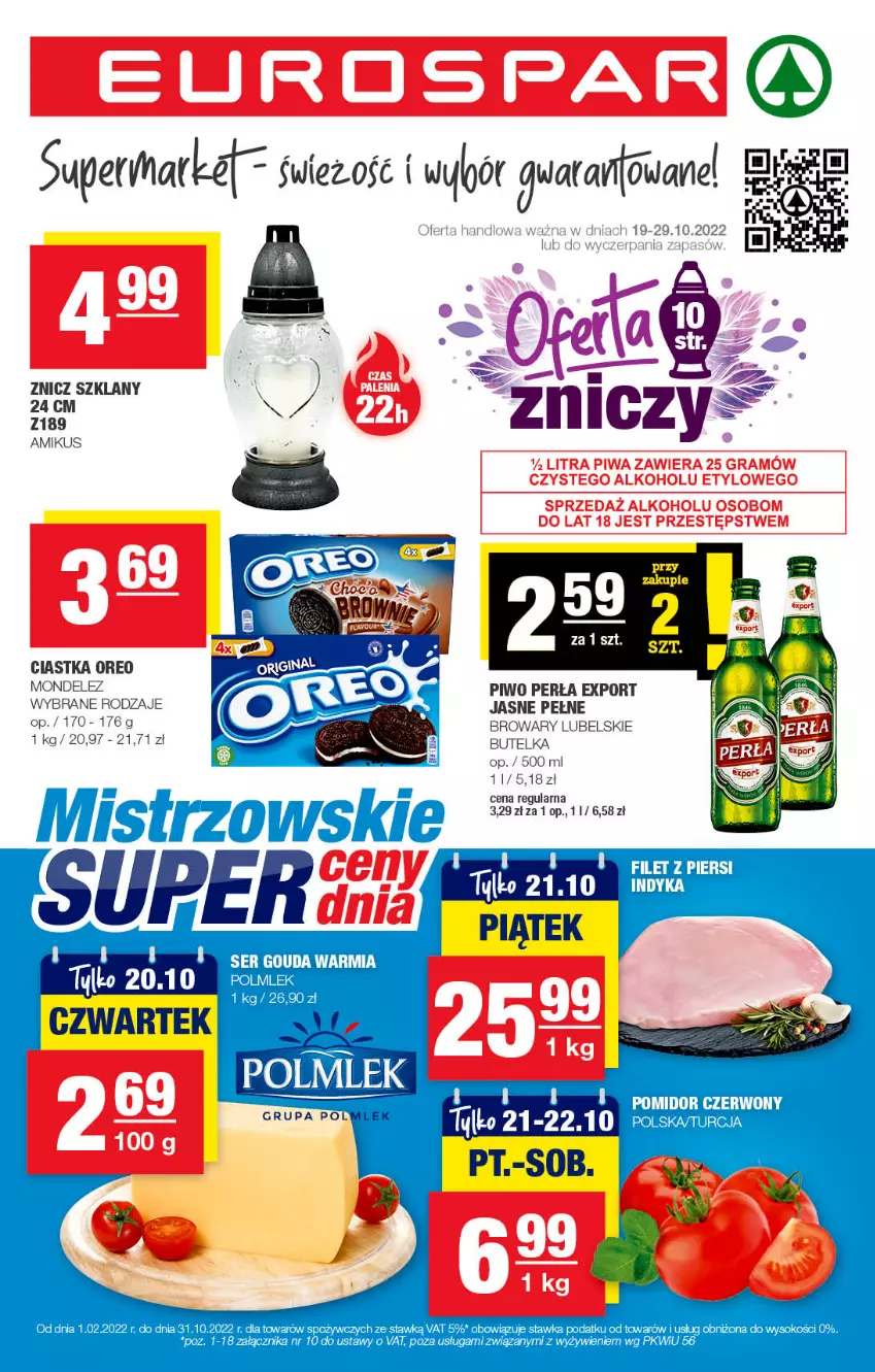 Gazetka promocyjna Spar - EuroSpar - ważna 16.10 do 26.10.2022 - strona 1 - produkty: Ciastka, Gouda, Oreo, Perła, Piwo, POLMLEK, Por, Ser, Sok, Znicz