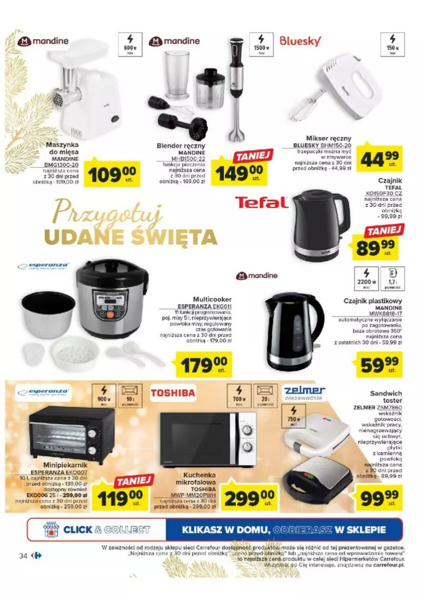 Gazetka promocyjna Carrefour - ważna 07.11 do 25.11.2023 - strona 28 - produkty: Blender, Blender ręczny, Czajnik, Fa, Gra, Maszynka, Mikser, Mikser ręczny, Minipiekarnik, Piec, Piekarnik, Pieprz, Ser, Szynka, Tefal, Toshiba, Toster, Zelmer