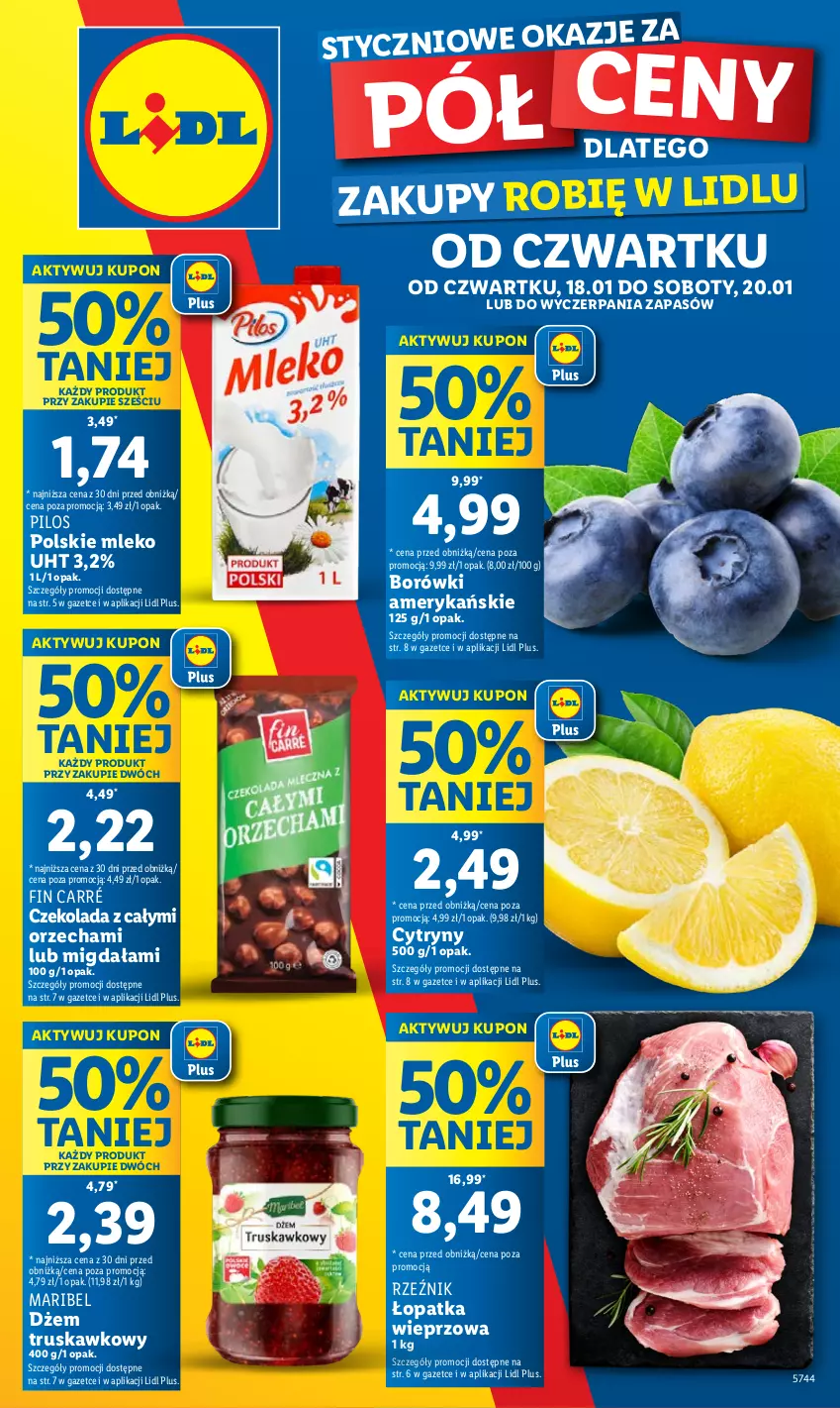 Gazetka promocyjna Lidl - GAZETKA - ważna 18.01 do 20.01.2024 - strona 1 - produkty: Cytryny, Czekolada, Dżem, Mleko, Pilos