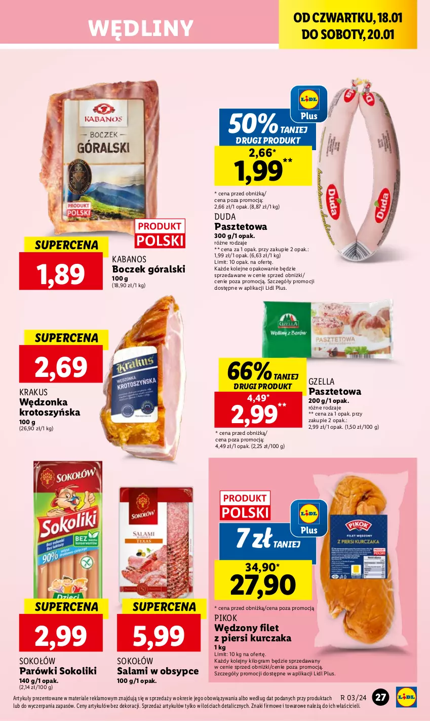 Gazetka promocyjna Lidl - GAZETKA - ważna 18.01 do 20.01.2024 - strona 29 - produkty: Boczek, Duda, Filet z piersi kurczaka, Gra, Kabanos, Krakus, Kurczak, Olej, Parówki, Parówki sokoliki, Pasztet, PIKOK, Salami, Sok, Sokołów