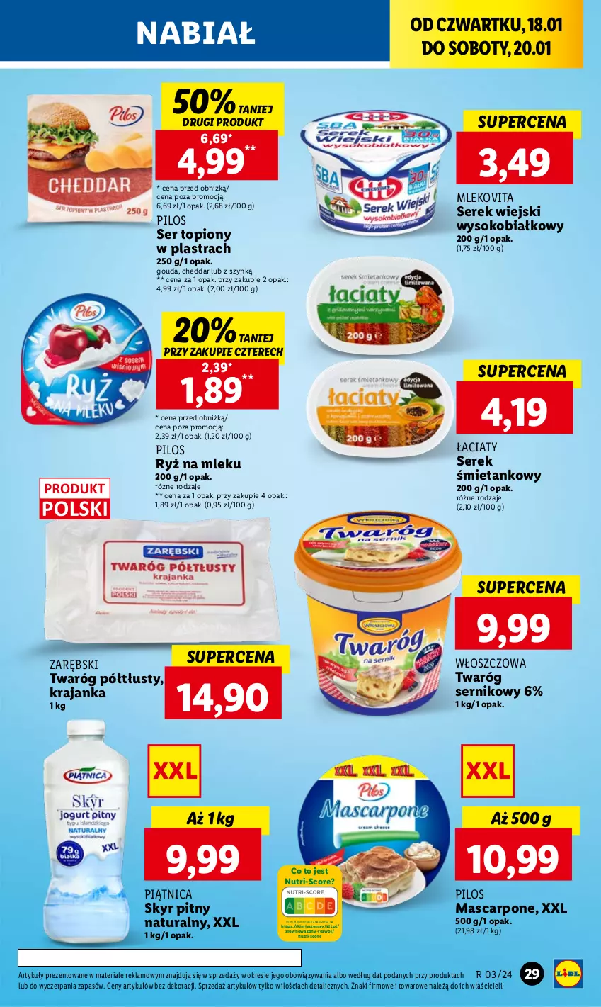 Gazetka promocyjna Lidl - GAZETKA - ważna 18.01 do 20.01.2024 - strona 31 - produkty: Cheddar, Gouda, Mascarpone, Mleko, Mlekovita, Piątnica, Pilos, Ryż, Ryż na mleku, Ser, Ser topiony, Serek, Serek wiejski, Sok, Top, Twaróg, Twaróg półtłusty, Wazon