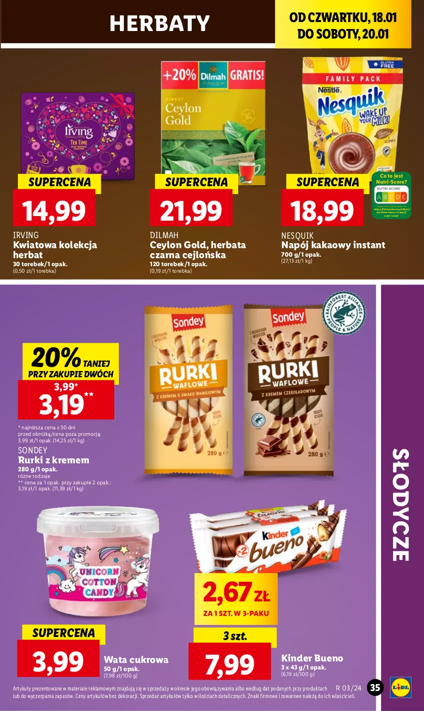 Gazetka promocyjna Lidl - GAZETKA - ważna 18.01 do 20.01.2024 - strona 37 - produkty: Dilmah, Herbata, Herbata czarna, Irving, Kakao, Kinder, Kinder Bueno, Napój, Nesquik, Rurki, Torebka, Wata cukrowa, Wazon