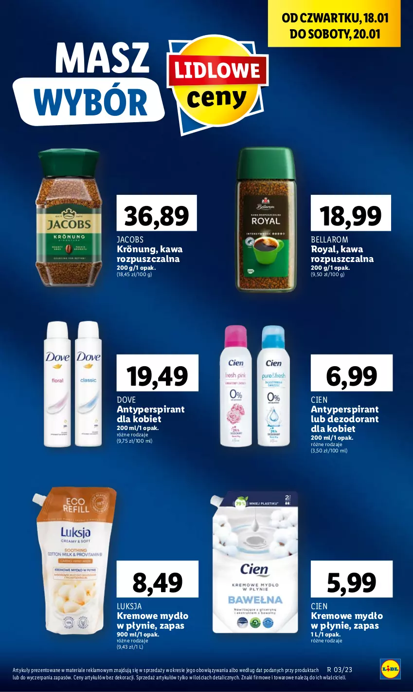 Gazetka promocyjna Lidl - GAZETKA - ważna 18.01 do 20.01.2024 - strona 39 - produkty: Antyperspirant, Bell, Bella, Dezodorant, Dove, Jacobs, Kawa, Kawa rozpuszczalna, Luksja, Mydło, Mydło w płynie