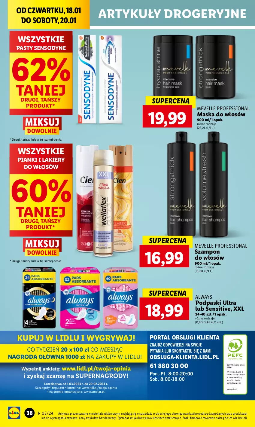 Gazetka promocyjna Lidl - GAZETKA - ważna 18.01 do 20.01.2024 - strona 42 - produkty: Always, Gry, Lakier, Maska, Maska do włosów, Mola, Podpaski, Sensodyne, Szampon