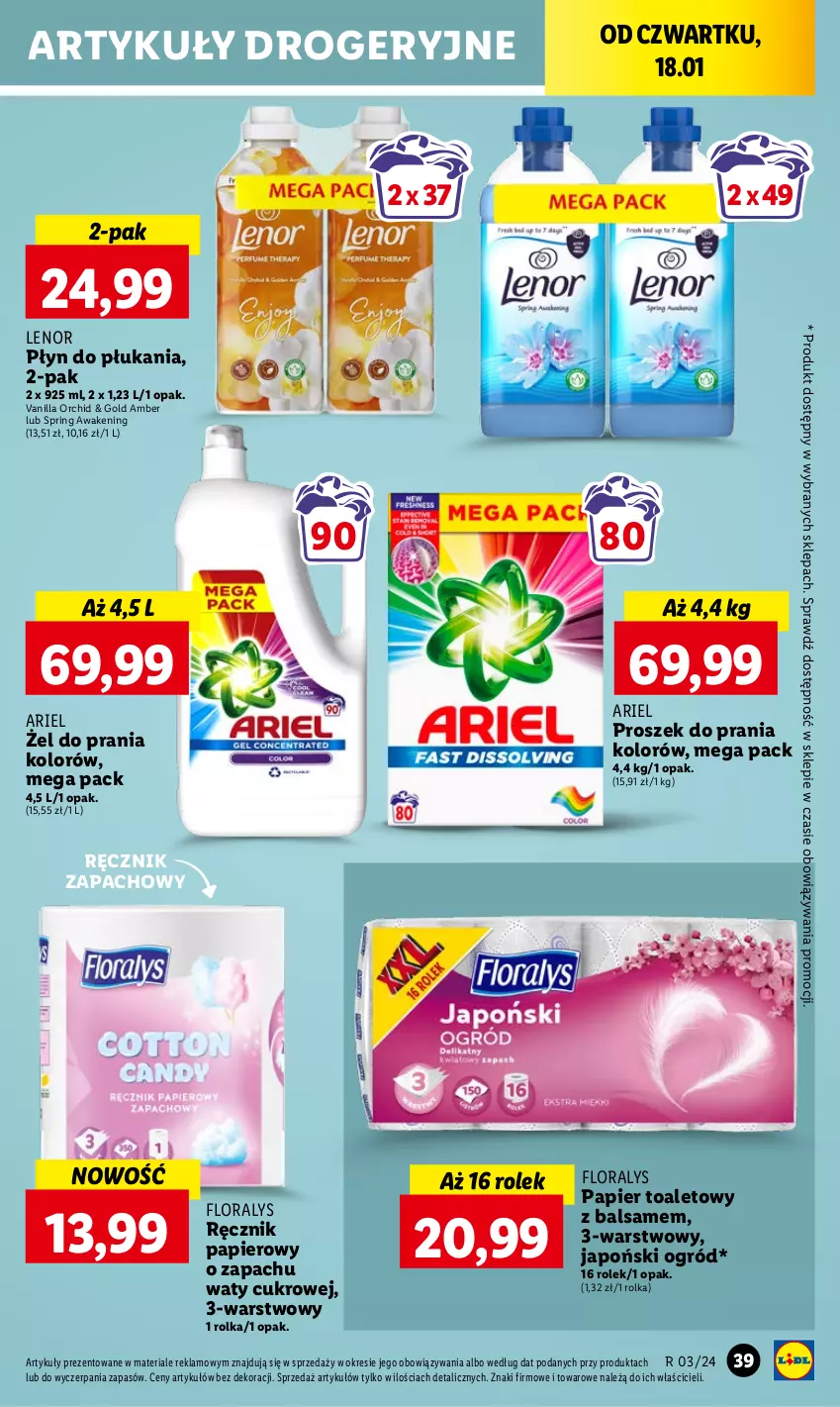 Gazetka promocyjna Lidl - GAZETKA - ważna 18.01 do 20.01.2024 - strona 43 - produkty: Ariel, Flora, Lenor, Ogród, Papier, Papier toaletowy, Płyn do płukania, Proszek do prania, Ręcznik