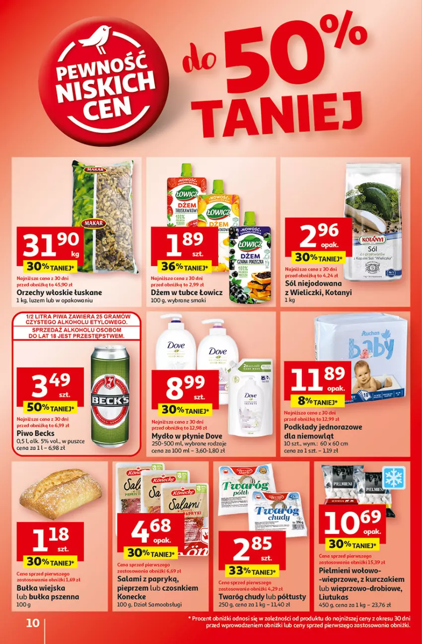 Gazetka promocyjna Auchan - Gazetka Pewność Niskich Cen Hipermarket Auchan - ważna 22.08 do 28.08.2024 - strona 12 - produkty: Bułka, Dove, Dżem, Kurczak, Mydło, Mydło w płynie, Orzechy włoskie, Pieprz, Piwo, Podkład, Salami, Salami z papryką, Sól, Twaróg, Twaróg chudy