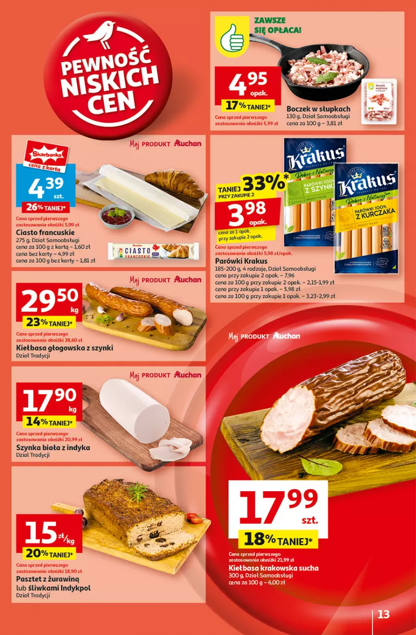 Gazetka promocyjna Auchan - Gazetka Pewność Niskich Cen Hipermarket Auchan - ważna 22.08 do 28.08.2024 - strona 15 - produkty: Boczek, Ciasto francuskie, Kiełbasa, Kiełbasa głogowska, Krakus, LG, Parówki, Pasztet, Szynka, Szynka biała